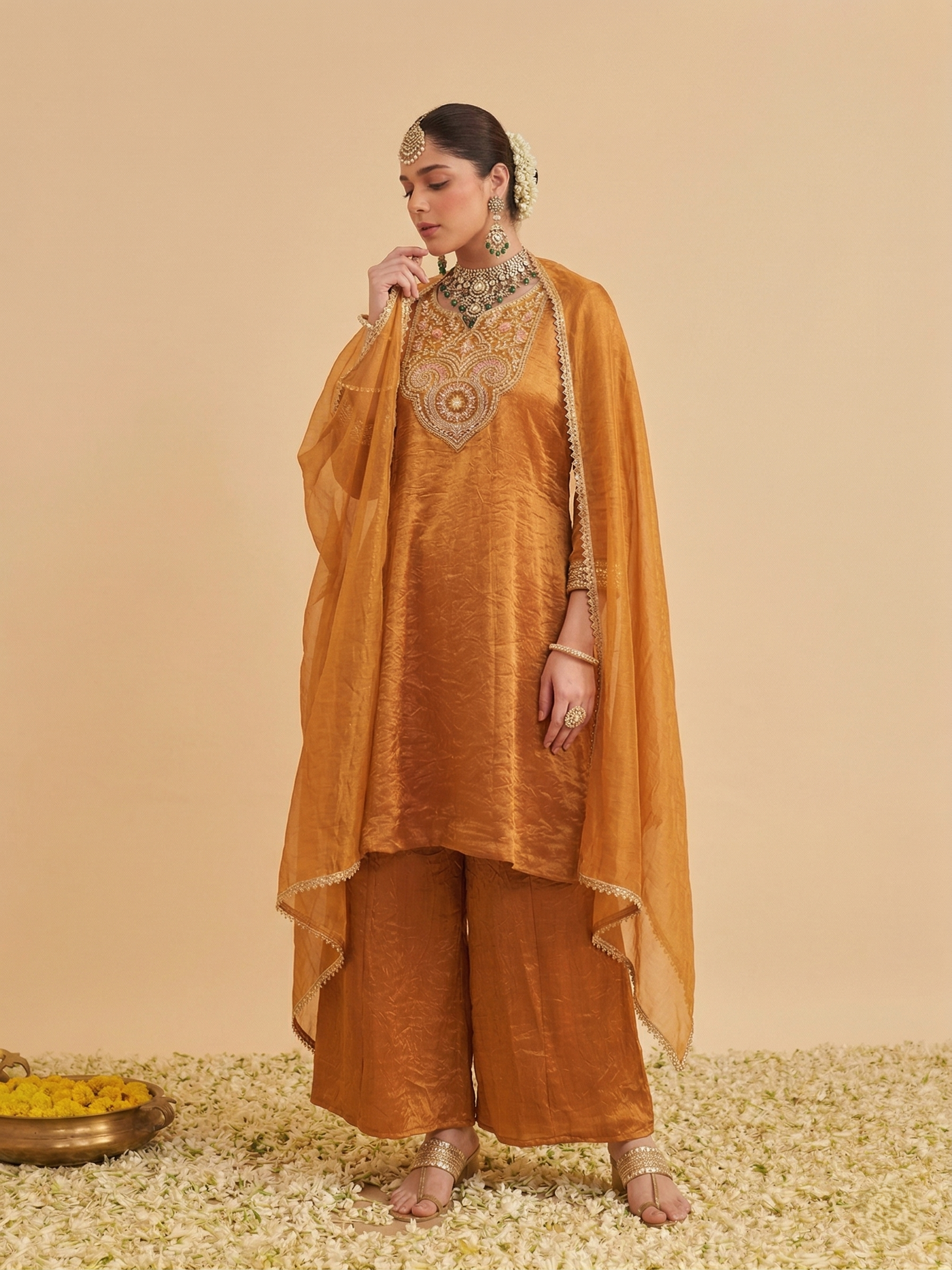 Orange Silk Embroidered Ethnic Kurta Set with Dupatta For women