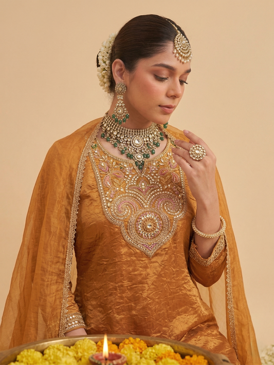 Orange Silk Embroidered Ethnic Kurta Set with Dupatta For women