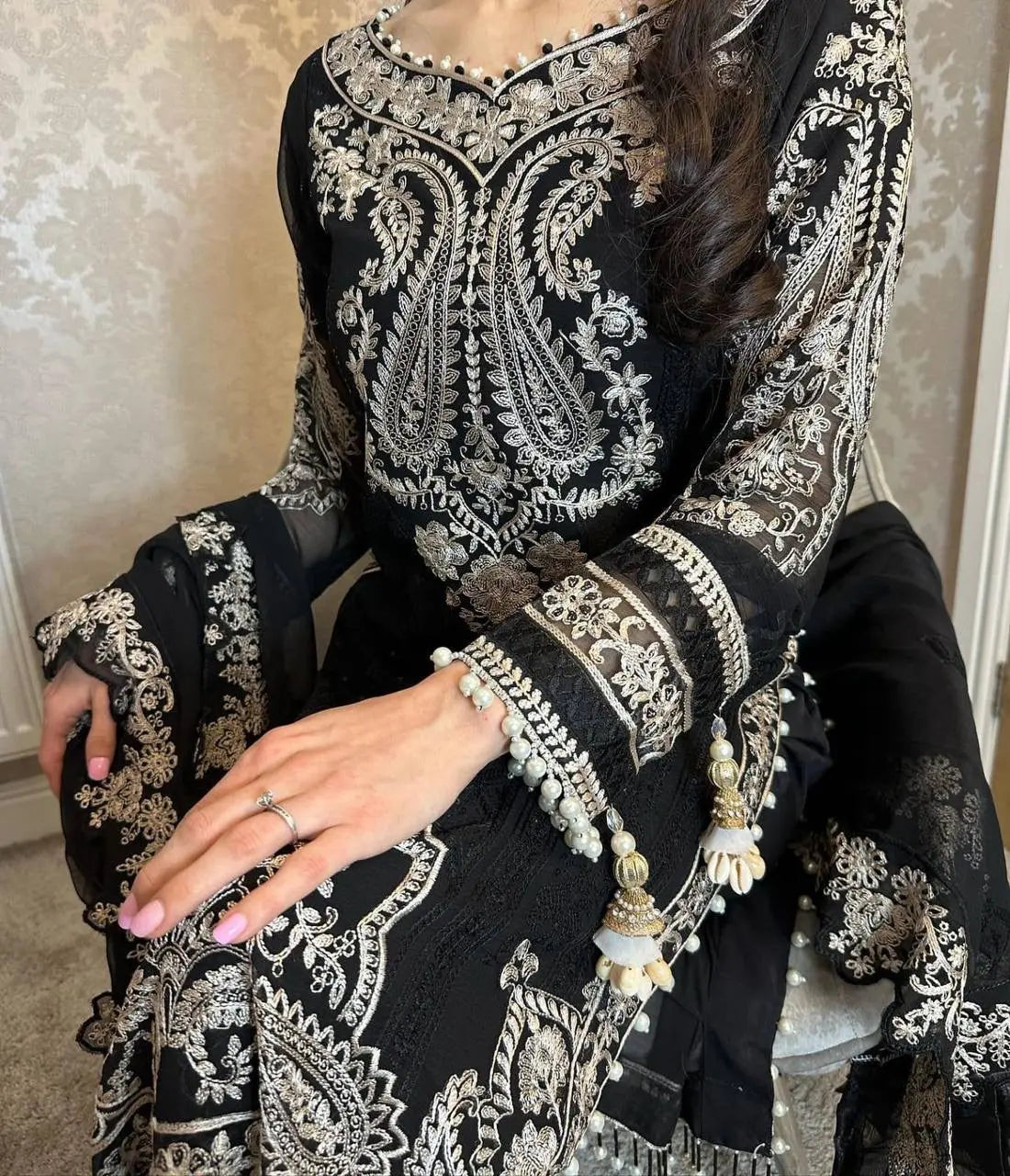Georgette Zari Embroidery work Long Kurti Palazzo Dupatta Set - Premium  from Ethenika.com - Just INR 2890! Shop now at Ethenika.com 