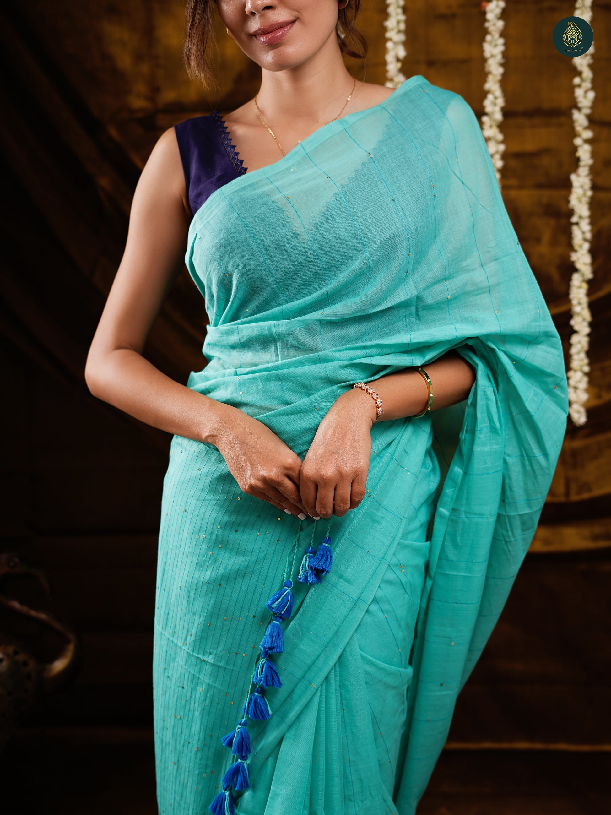 Oxford Blue Sequined Mul Cotton Saree