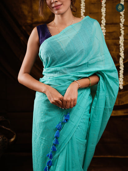 Oxford Blue Sequined Mul Cotton Saree