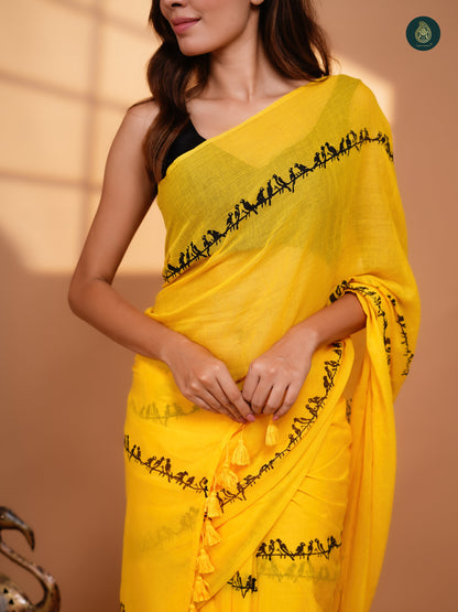 Hand Block Printed Mul Cotton Saree - Yellow Chidiya