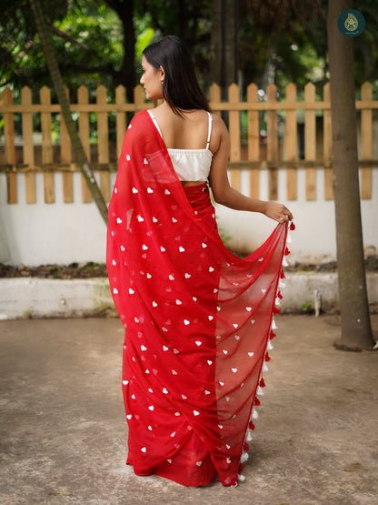 Mul Cotton Heart Embroidered Saree - Red