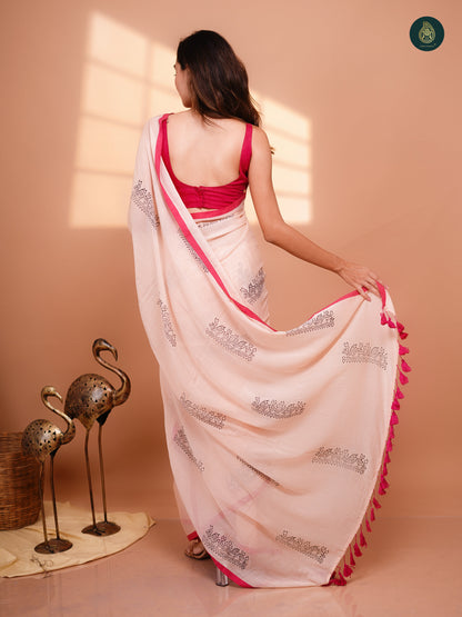 Hand Block Printed Mul Cotton Saree - Peach Chidiya