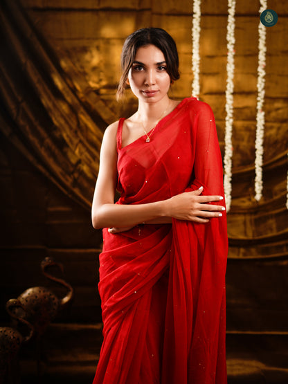 Charm Red Sequence Mul Cotton Saree