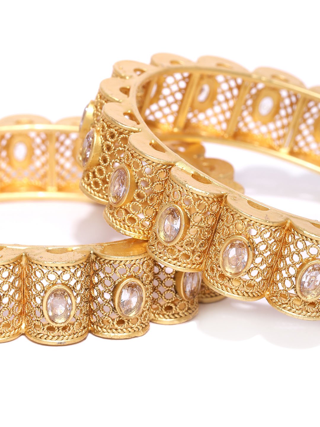 Set Of 2 Gold-Plated Stones Studded Jali Work Bangles