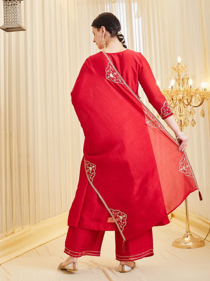 Red Silk Embroidered Anarkali Kurta Set with Dupatta for Women