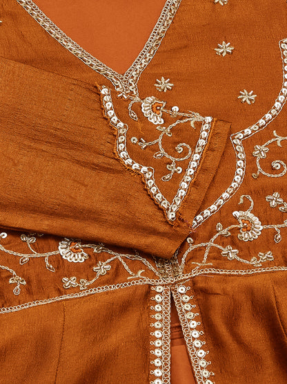 Women’s Rust Embroidered Silk Anarkali Suit with Dupatta