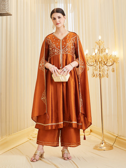 Women’s Rust Embroidered Silk Anarkali Suit with Dupatta