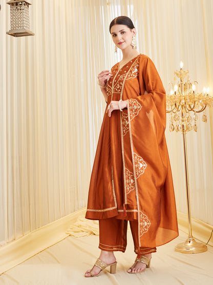 Women’s Rust Embroidered Silk Anarkali Suit with Dupatta