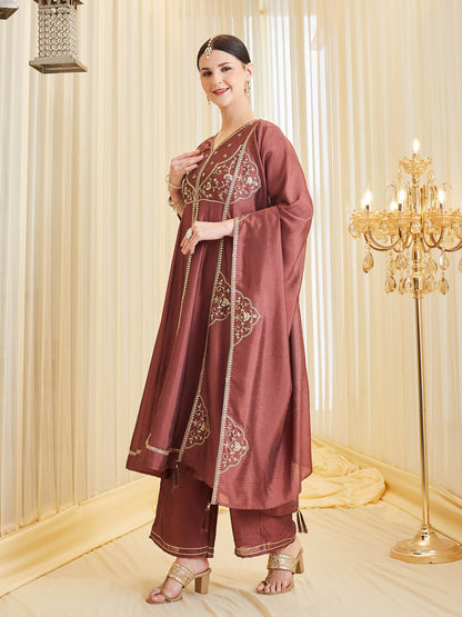 Berry Embroidered Silk Anarkali Dress Set with Dupatta For Women