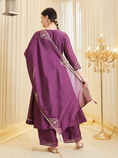 Purple Anarkali Style Embroidered Silk Suit Set With Dupatta for Women
