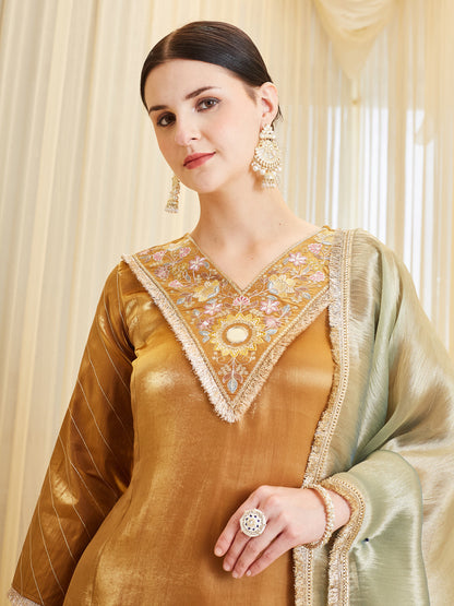 Mustard Silk Embroidered Kurta & Palazzo with Dupatta Set For Women