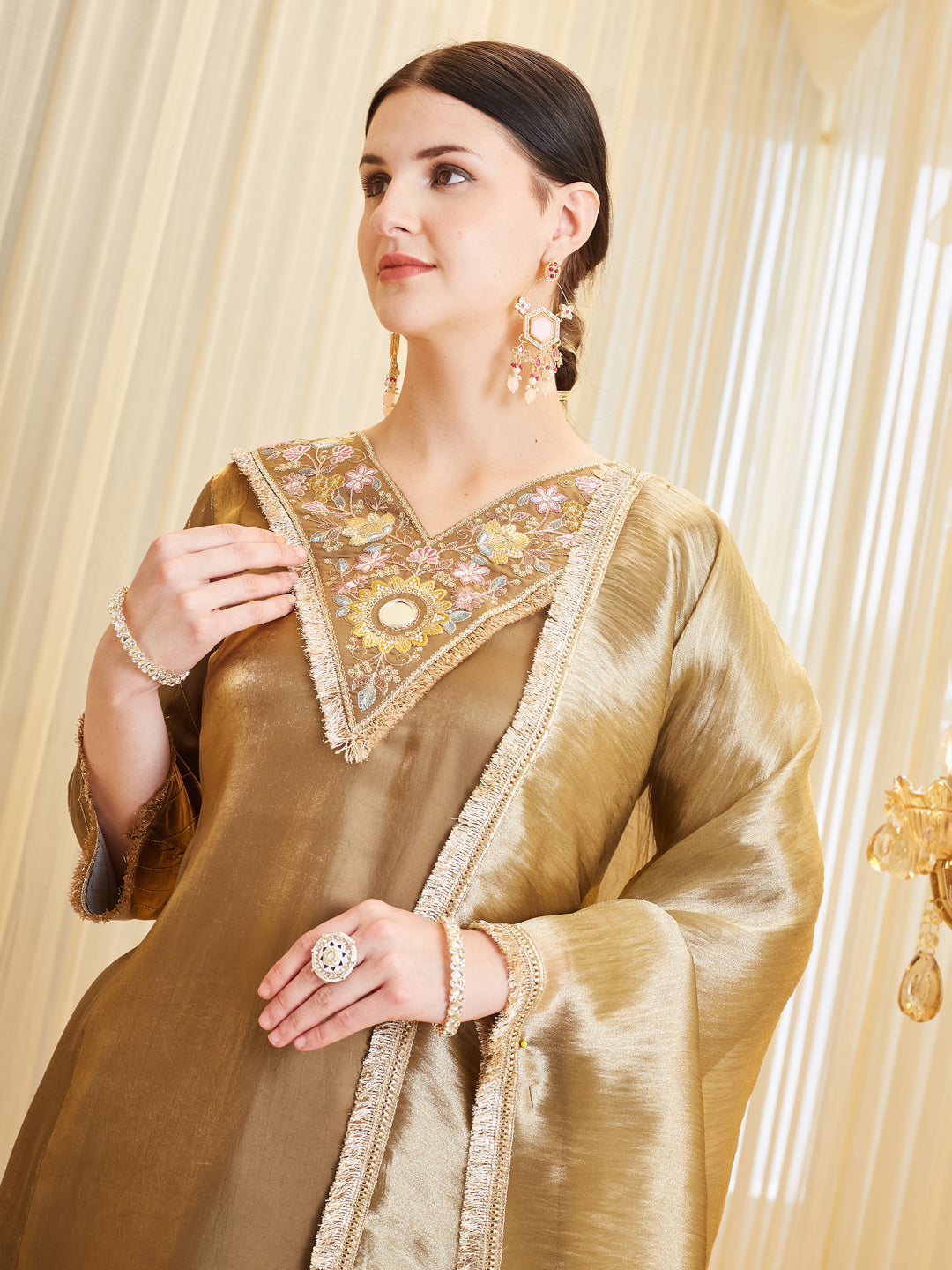 Brown Silk Embroidered Festive Kurta Palazzo Suit With Dupatta Set for women