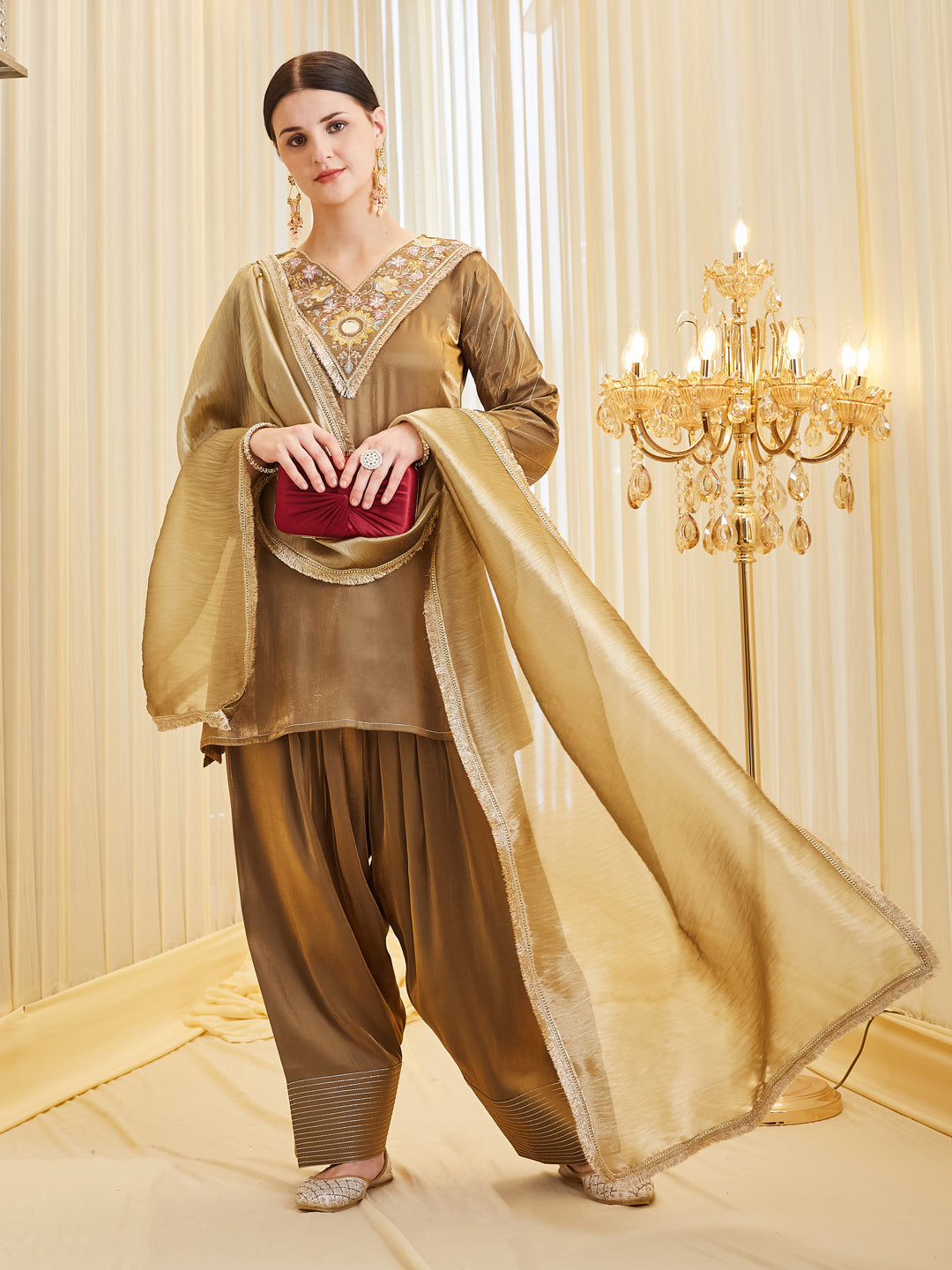 Brown Silk Embroidered Festive Kurta Palazzo Suit With Dupatta Set for women