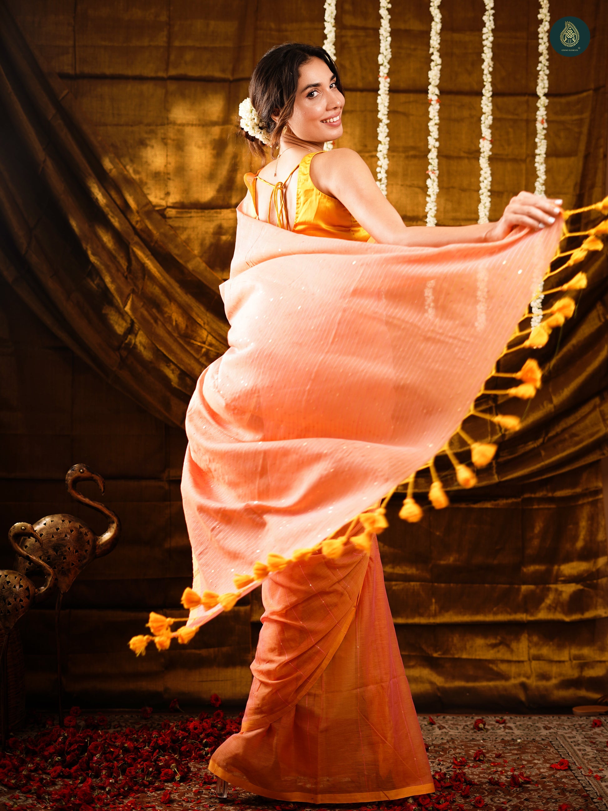 Apricot Orange Sequence Mul Cotton Saree