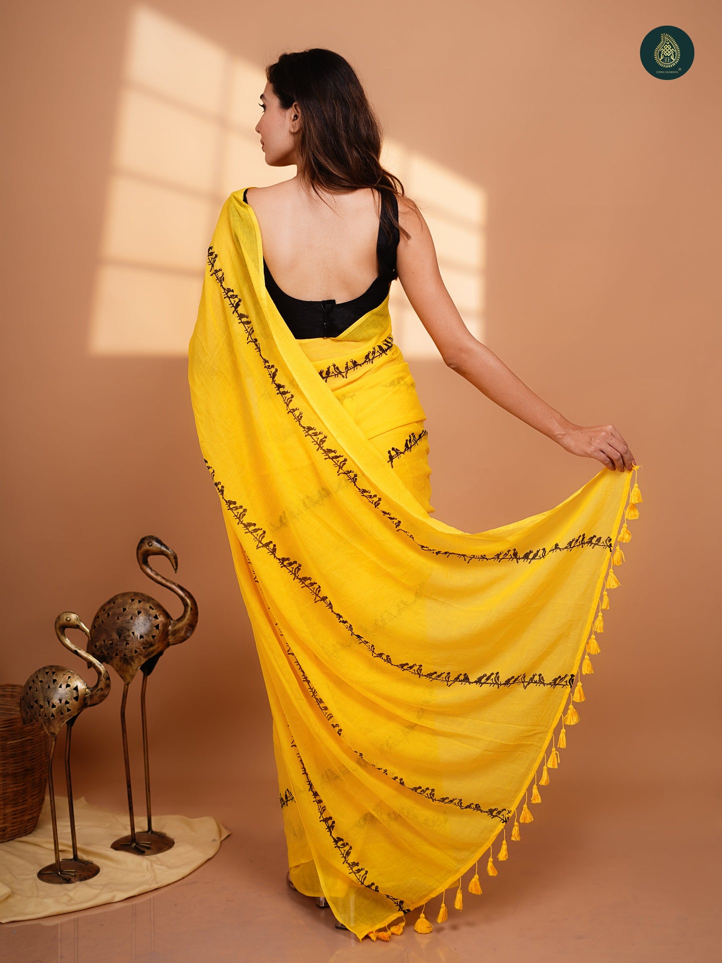 Hand Block Printed Mul Cotton Saree - Yellow Chidiya