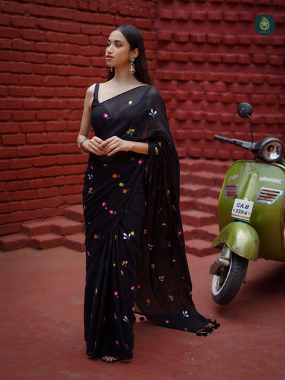 Gulzar - Mul Mul Cotton Solid Saree - Coal Black