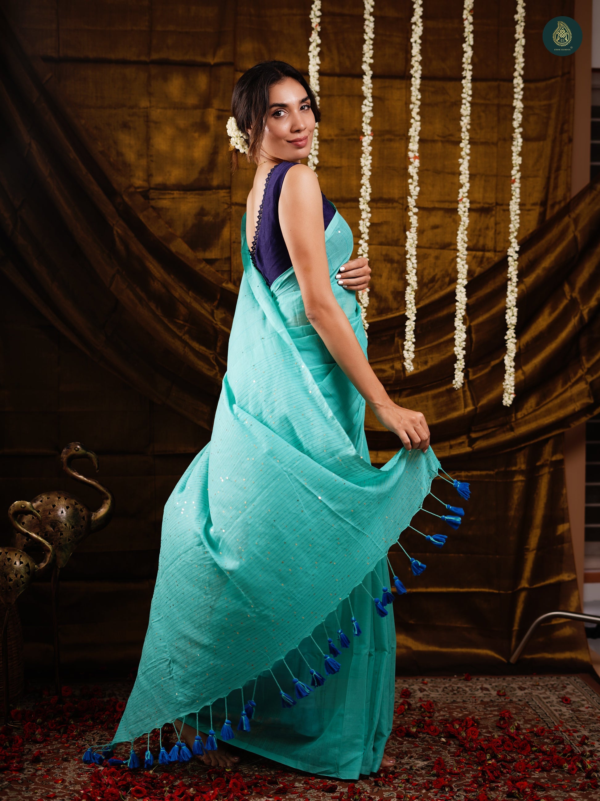Oxford Blue Sequined Mul Cotton Saree