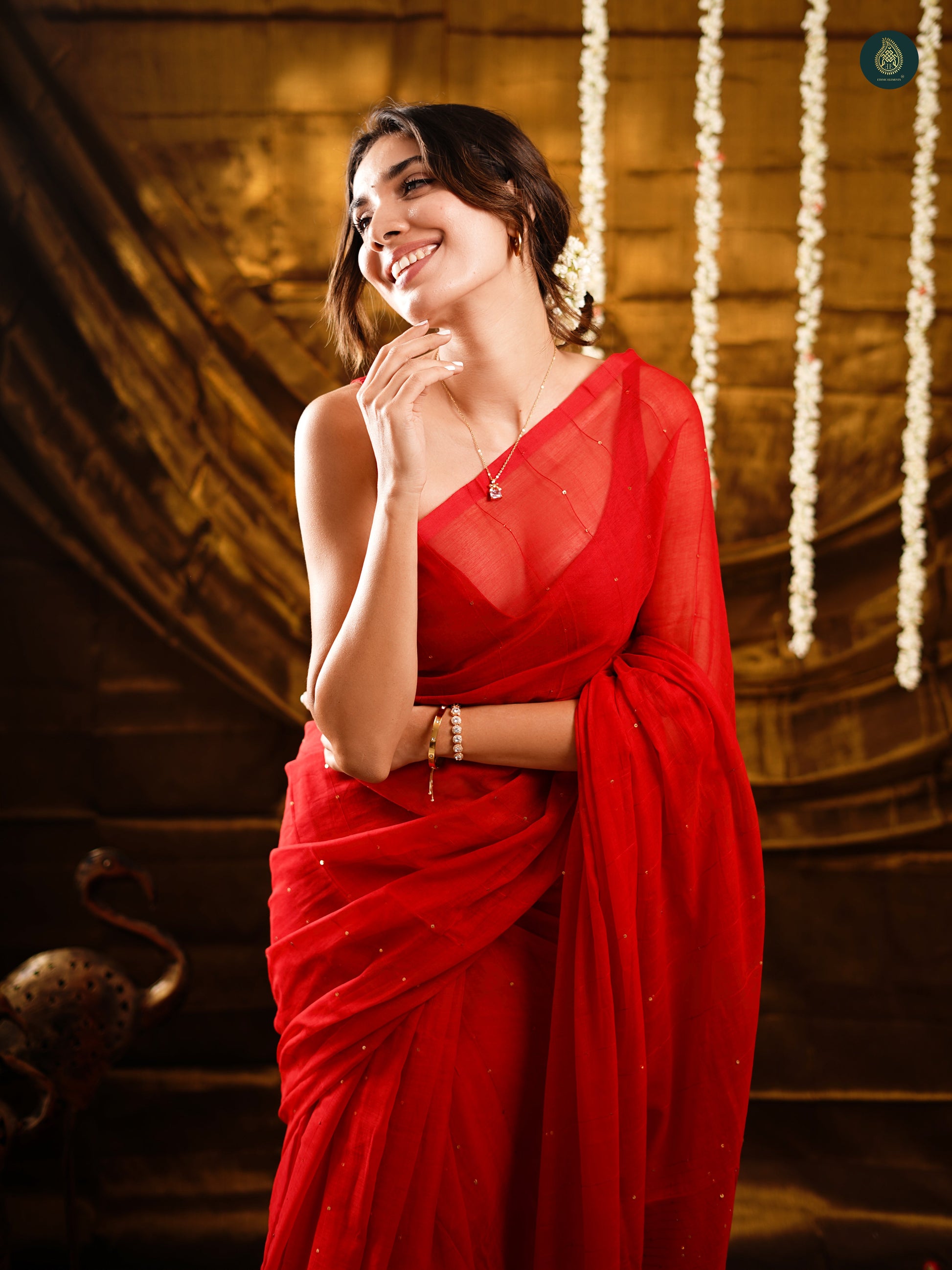 Charm Red Sequence Mul Cotton Saree