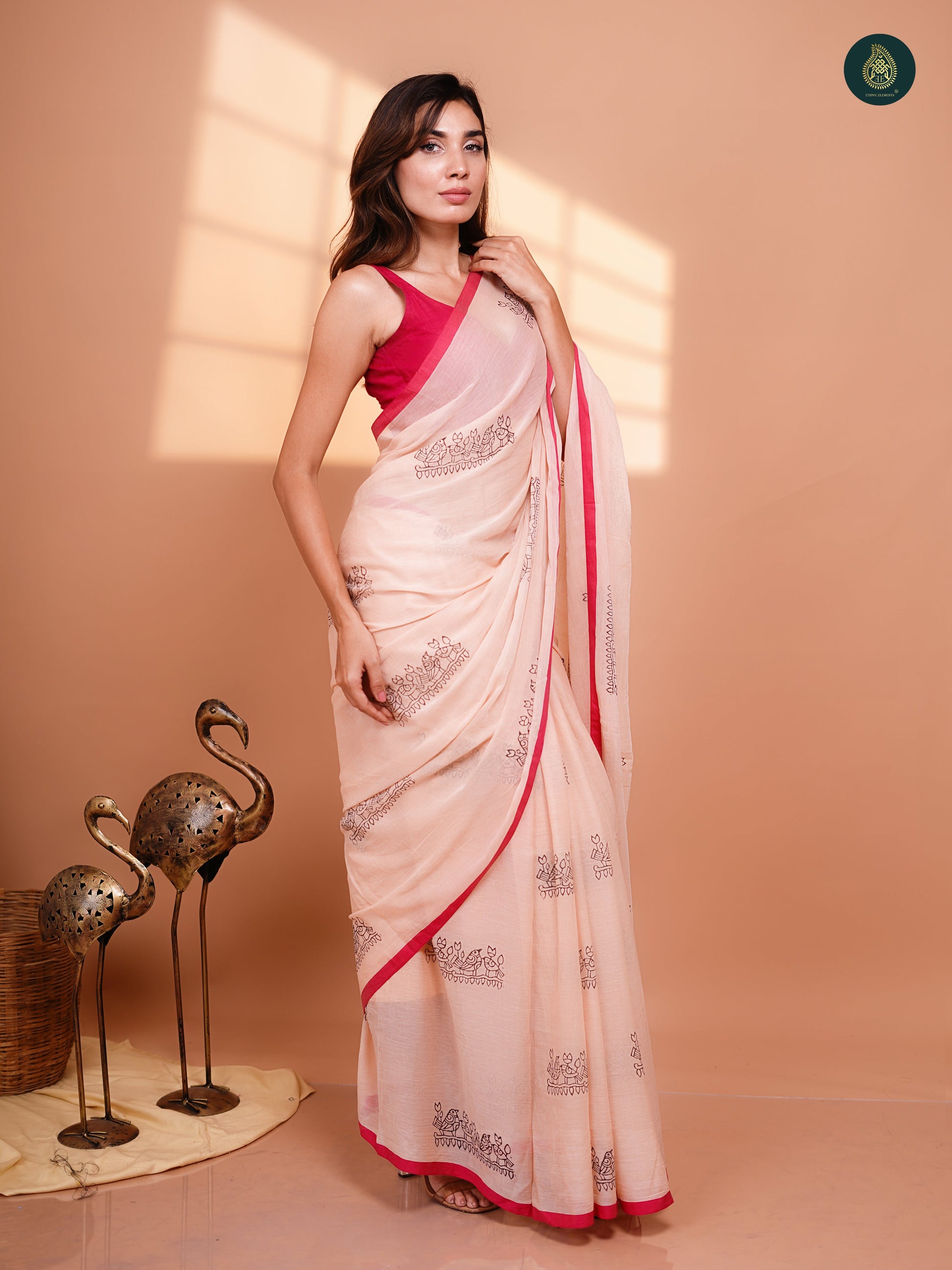 Hand Block Printed Mul Cotton Saree - Peach Chidiya