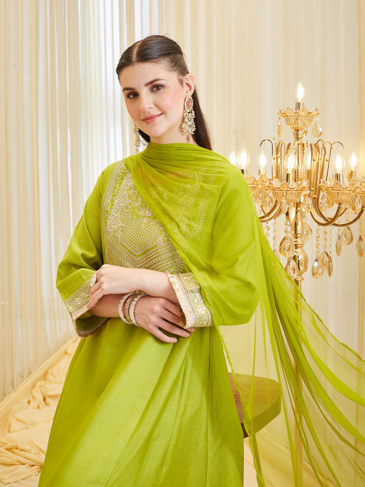 Women’s Neon Embroidered Kurta Palazzo With Dupatta set