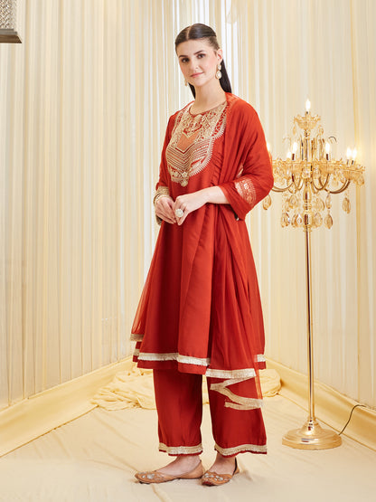 Rust Silk Embroidered Festive Anarkali Palazzo Set with Dupatta For Women
