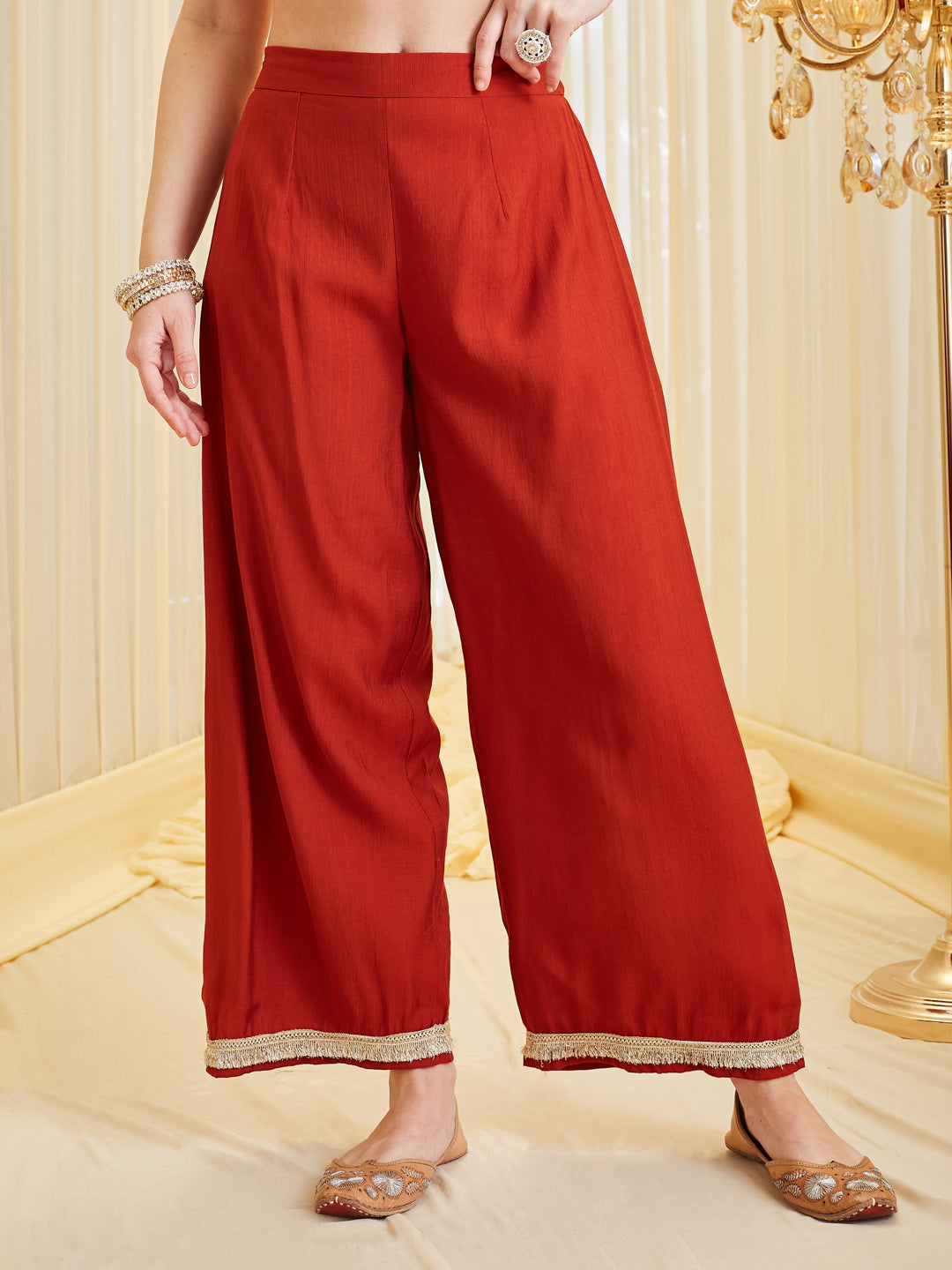 Rust Silk Embroidered Festive Anarkali Palazzo Set with Dupatta For Women