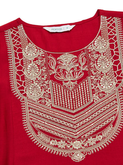 Red Silk Ethnic Kurta Set With Dupatta For Women