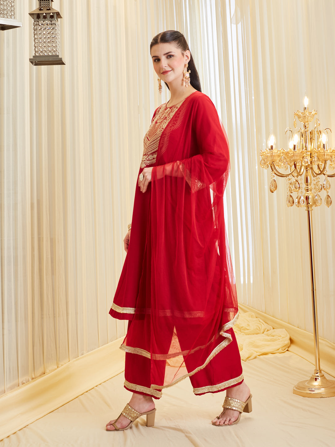 Red Silk Ethnic Kurta Set With Dupatta For Women