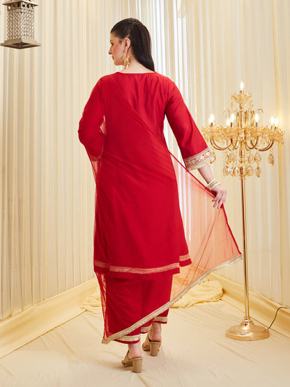 Red Silk Ethnic Kurta Set With Dupatta For Women