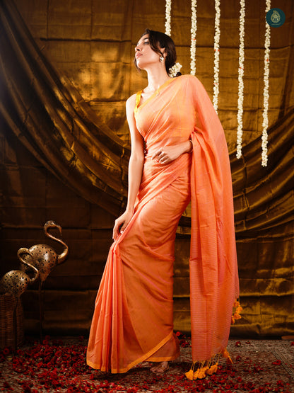 Apricot Orange Sequence Mul Cotton Saree