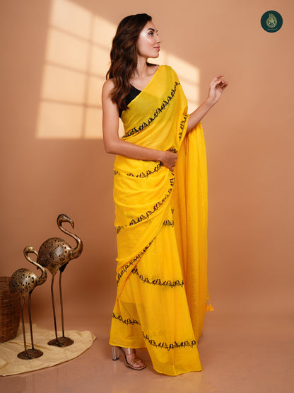 Hand Block Printed Mul Cotton Saree - Yellow Chidiya