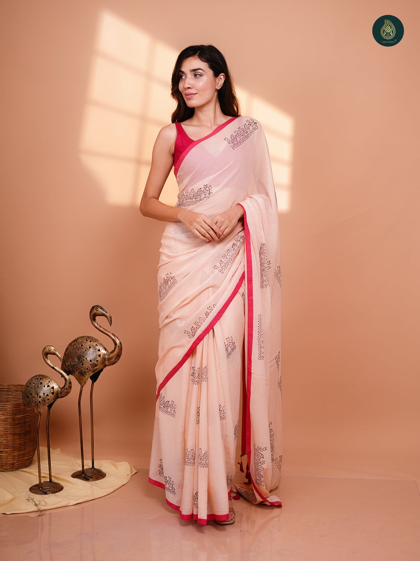 Hand Block Printed Mul Cotton Saree - Peach Chidiya