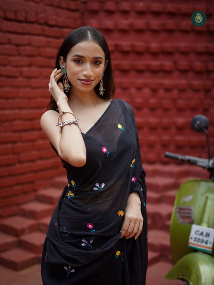 Gulzar - Mul Mul Cotton Solid Saree - Coal Black