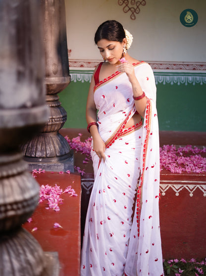 Bengal Pujo Embroidered Off White Red Saree