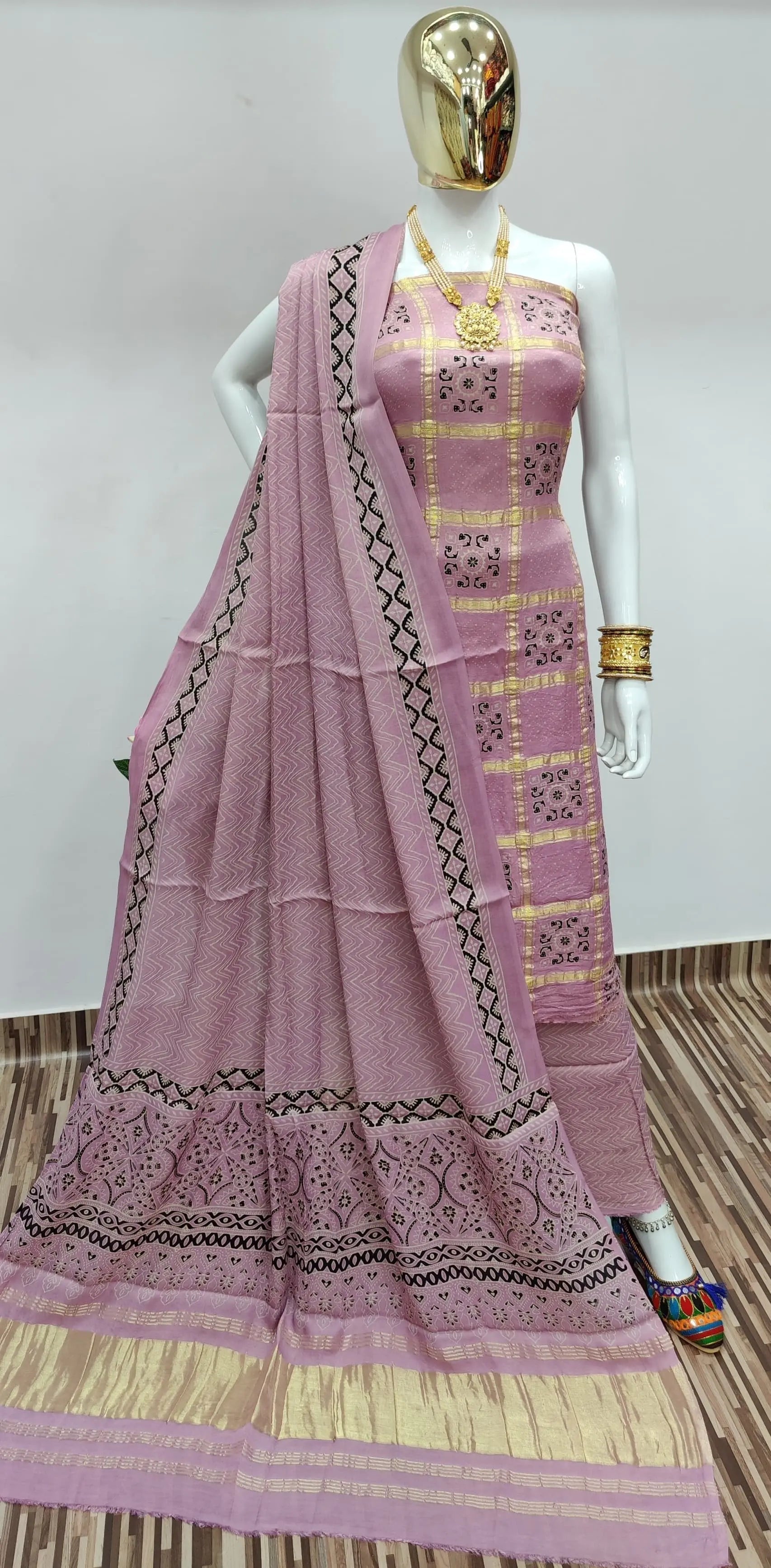 Ghazi Silk Golden Chex Hand print dress material - Premium  from Ethenika.com - Just INR 6999! Shop now at Ethenika.com 