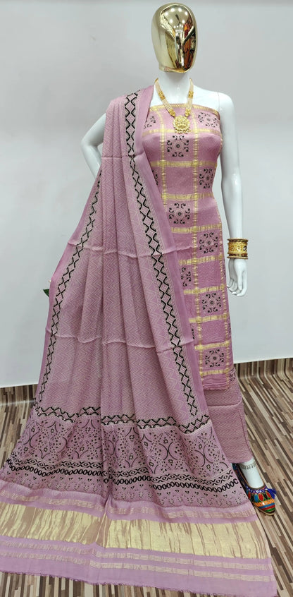 Ghazi Silk Golden Chex Hand print dress material - Premium  from Ethenika.com - Just INR 6999! Shop now at Ethenika.com 