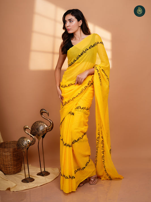Hand Block Printed Mul Cotton Saree - Yellow Chidiya