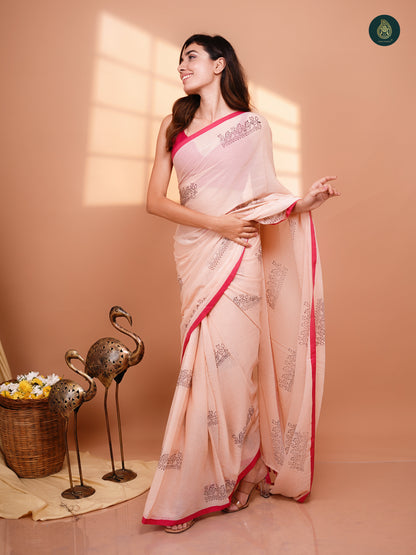 Hand Block Printed Mul Cotton Saree - Peach Chidiya