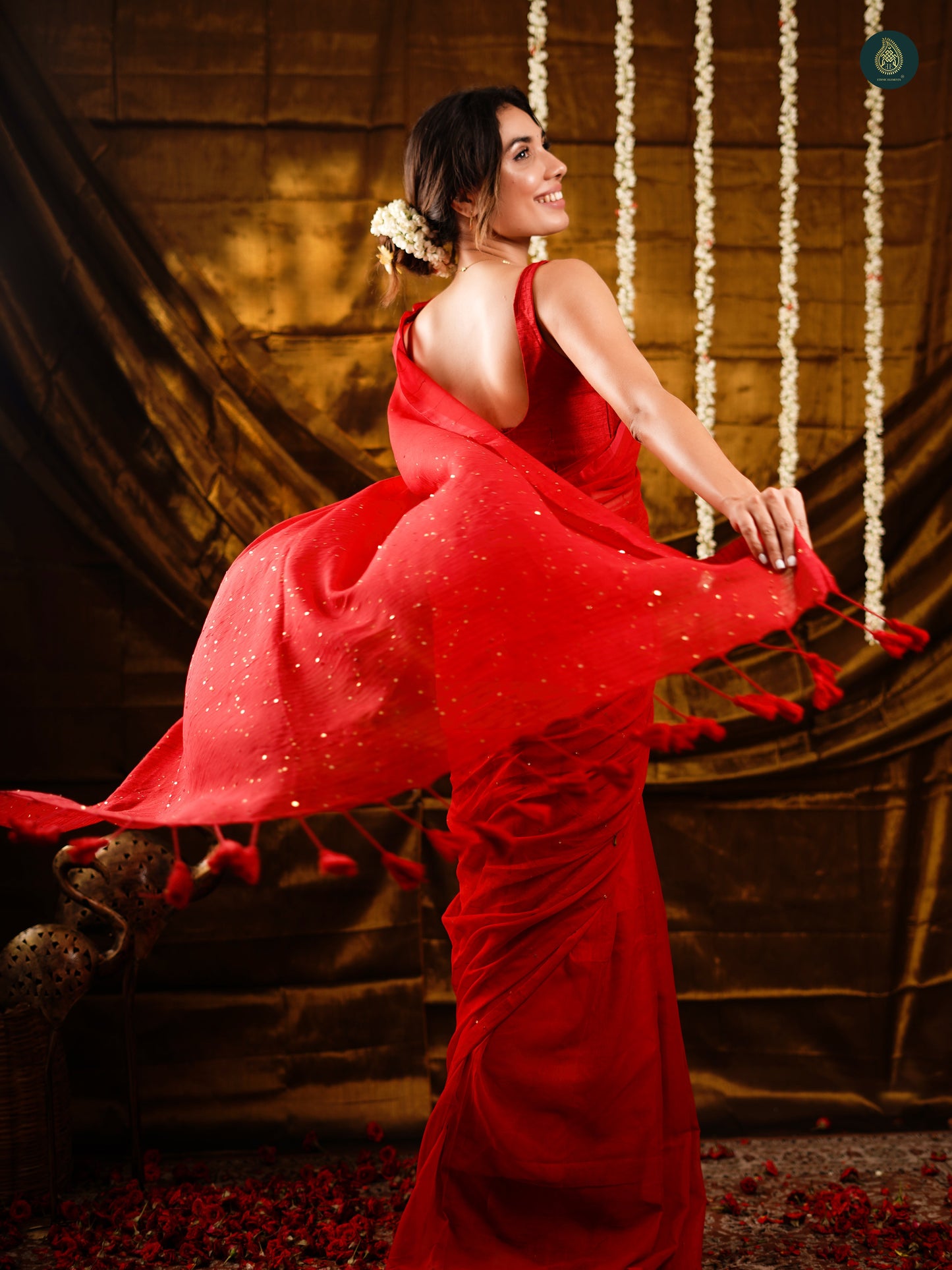Charm Red Sequence Mul Cotton Saree