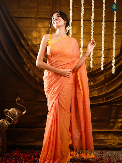 Apricot Orange Sequence Mul Cotton Saree