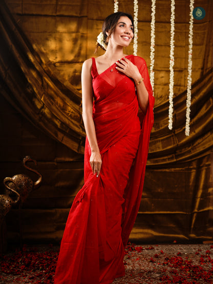 Charm Red Sequence Mul Cotton Saree