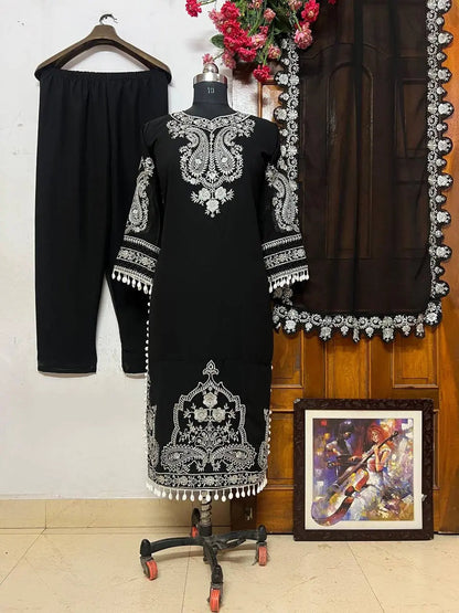 Georgette Zari Embroidery work Long Kurti Palazzo Dupatta Set - Premium  from Ethenika.com - Just INR 2890! Shop now at Ethenika.com 