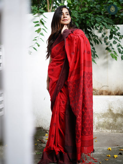Berry Red Jacquard Jamdani Weaving Cotton Saree