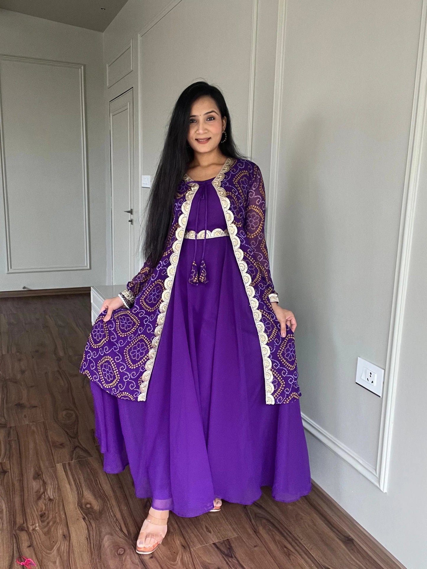Faux Georgette Bandhani Print Gown Shrug Set - Premium  from Ethenika.com - Just INR 2990! Shop now at Ethenika.com 