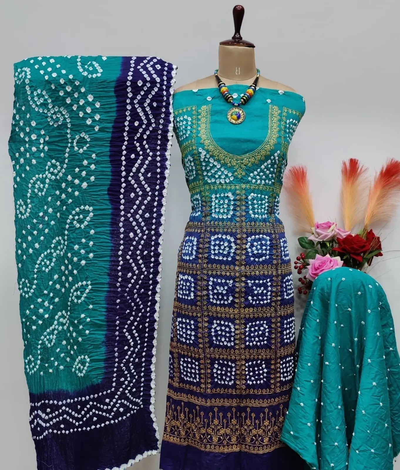 Cotton Satin Golden Thread Embroidery 3pc Kutch Bandhani Salwar Dress Material - Premium  from Ethenika.com - Just INR 2190! Shop now at Ethenika.com 