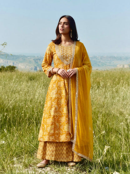 Women’s Yellow Cotton Printed Anarkali Kurta Palazzo Set with Dupatta