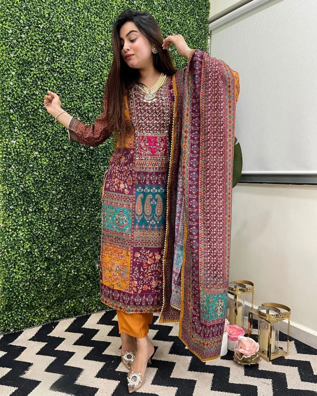 Muslin Real Mirror work Digital Print  Party wear Kurti Pant Dupatta set - Premium  from Ethenika.com - Just INR 2790! Shop now at Ethenika.com 