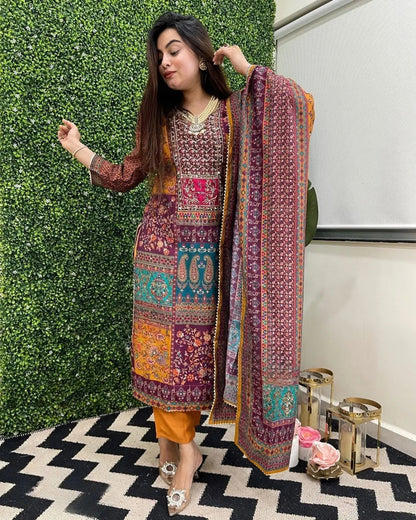Muslin Real Mirror work Digital Print  Party wear Kurti Pant Dupatta set - Premium  from Ethenika.com - Just INR 2790! Shop now at Ethenika.com 